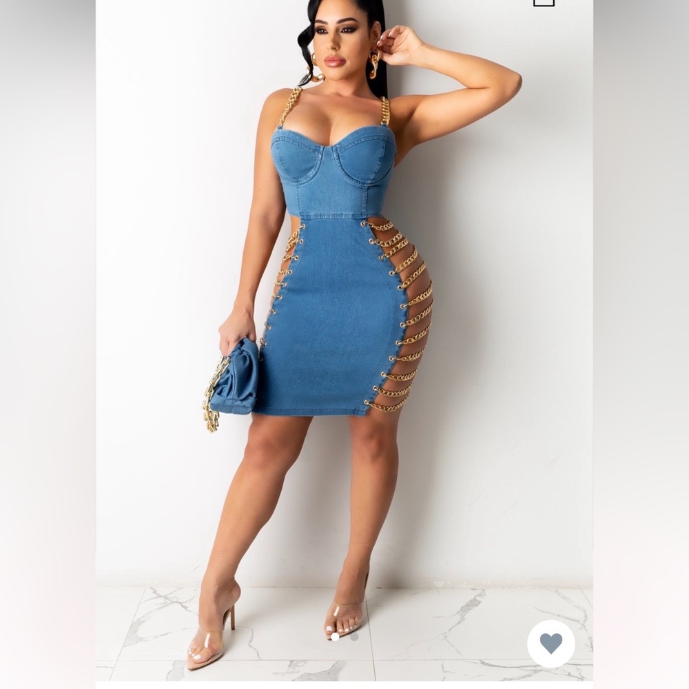 Denim mini dress w/ gold chain detail